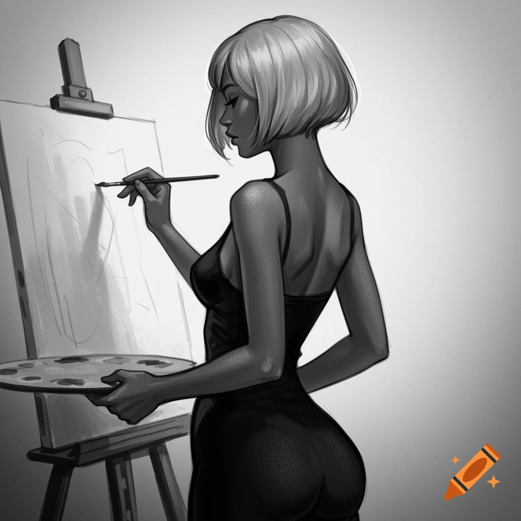 Black and white illustration of a short-haired woman in a black dress painting at an easel.