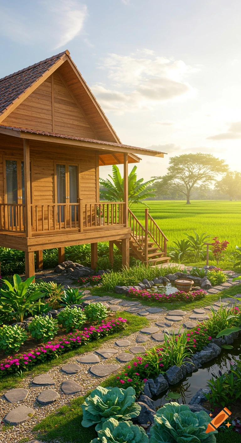 A wooden house on stilts with a vibrant garden and stone path, set against green rice fields and a bright sky.