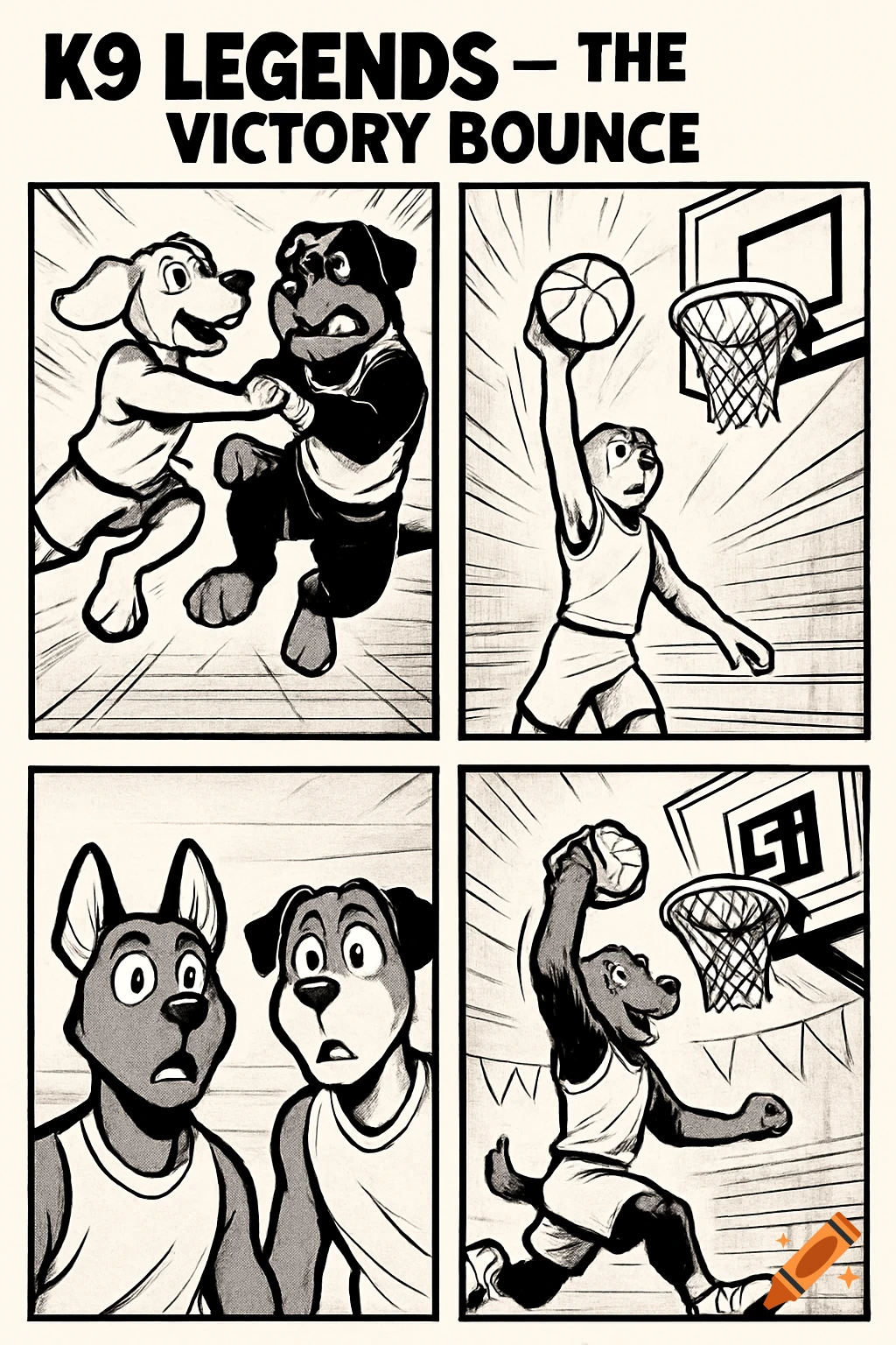 A black and white comic strip titled 'K9 LEGENDS - THE VICTORY BOUNCE' shows cartoon dogs playing basketball. Panels depict dogs jumping for the ball, one dunking, and rivals reacting with surprise.