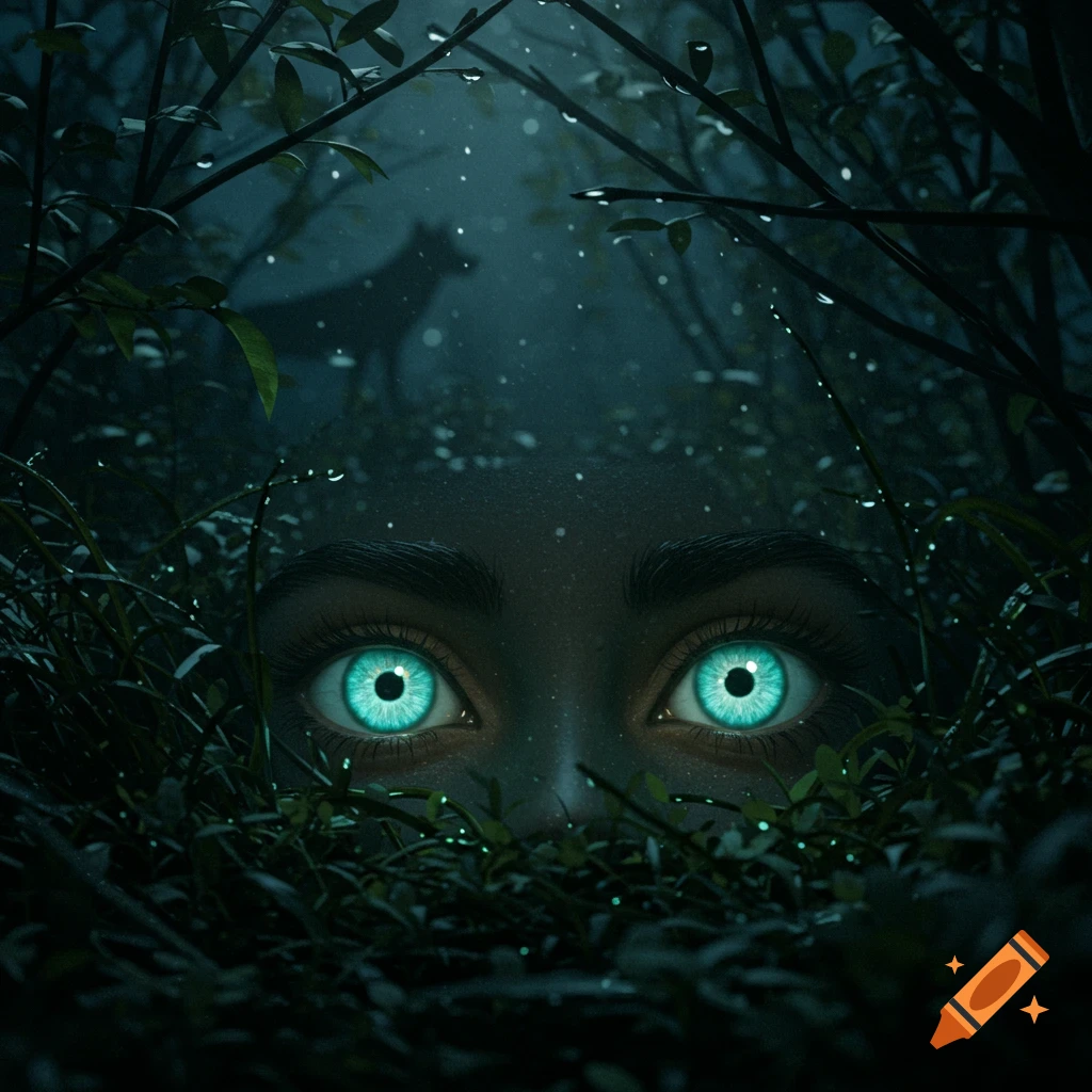 Close-up of glowing blue eyes peeking through dark foliage at night, with a faint silhouette of a wolf in the background.