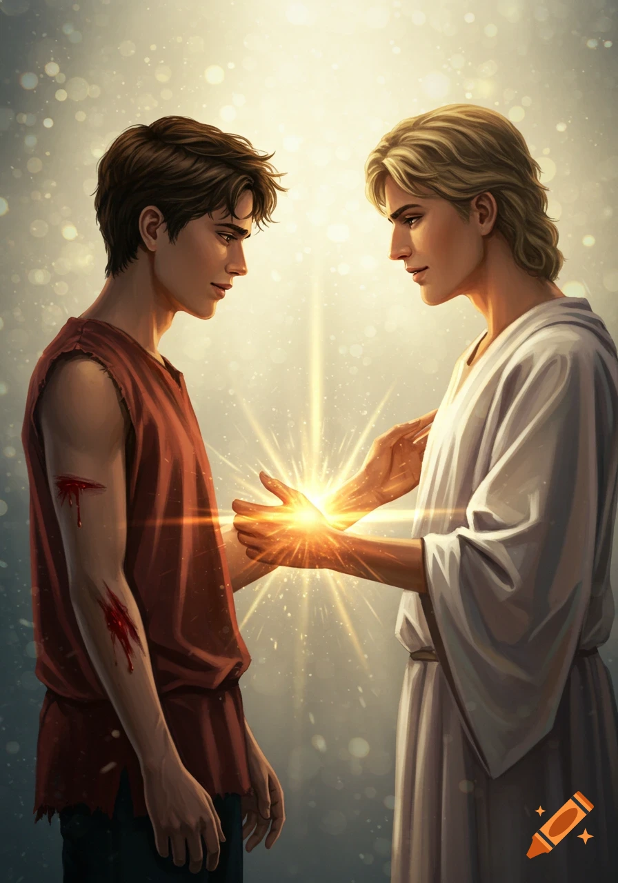 Digital painting of a divine figure healing an injured young man's arm with glowing golden light in a serene setting.