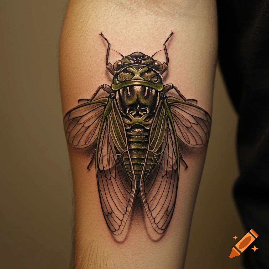 A detailed green cicada tattoo on a person's forearm.