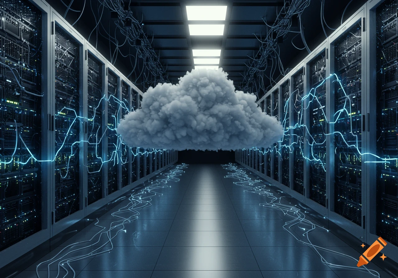 A large cloud floats in the middle of a futuristic data center aisle, surrounded by server racks with glowing blue data streams.