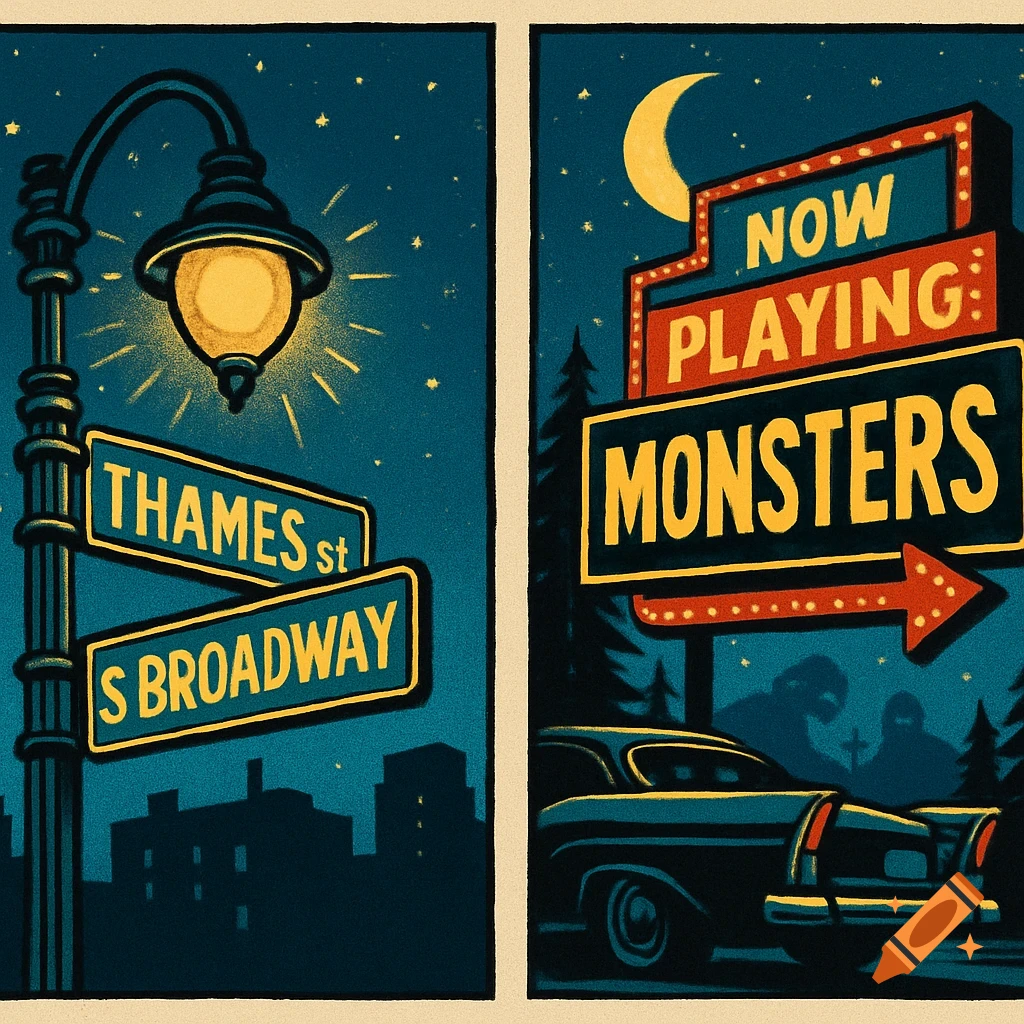 Two retro pop-punk style cartoon panels at night. Left: A glowing streetlight over 'THAMES st' and 'S BROADWAY' signs. Right: A drive-in sign 'NOW PLAYING MONSTERS' with a vintage car.