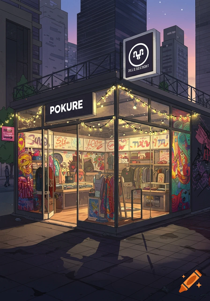 An illustrated night view of a brightly lit clothing popup store with POKURE on its sign, surrounded by city buildings.