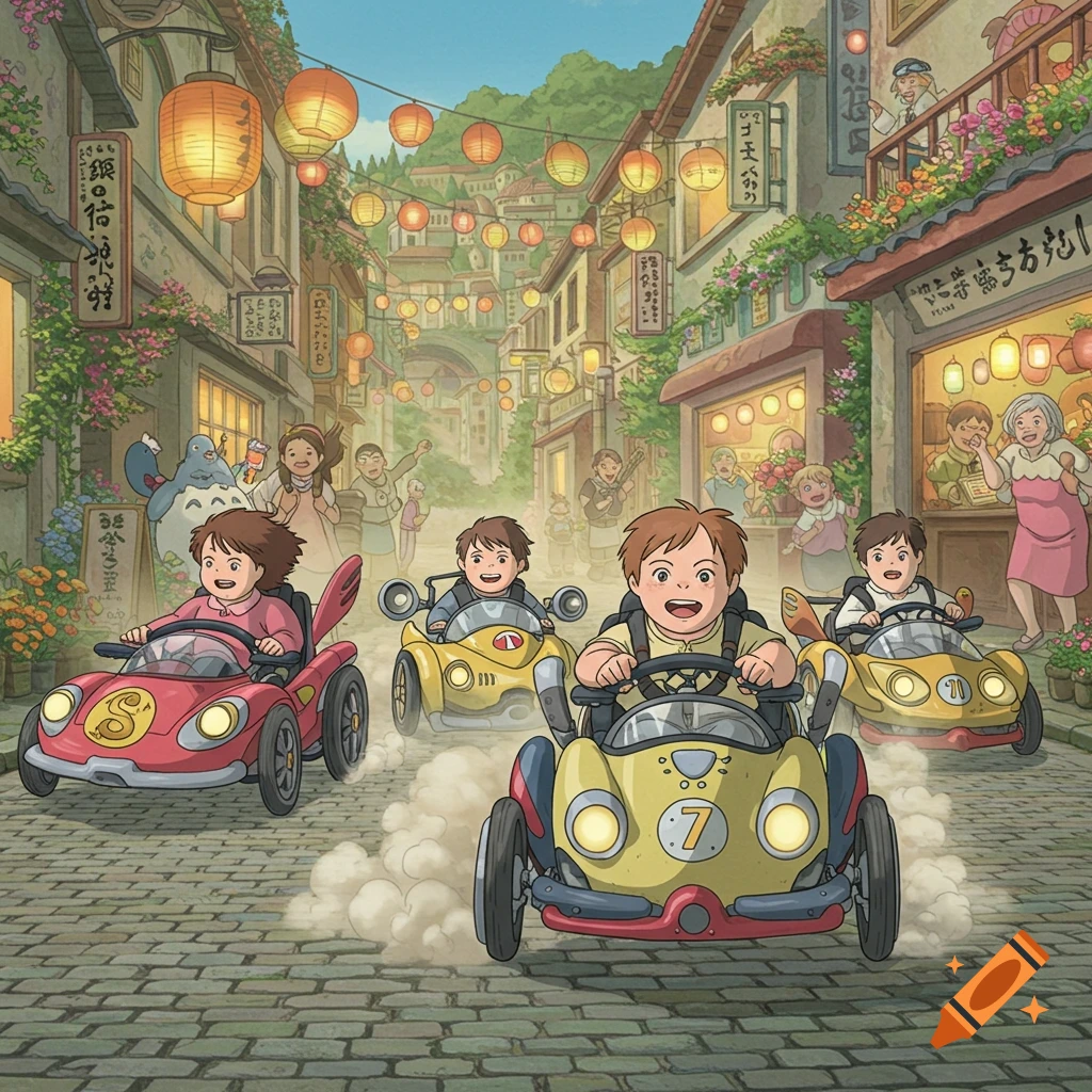 Four children in go-karts race down a cobblestone street in a vibrant town filled with traditional Japanese-style buildings and paper lanterns, in the style of Studio Ghibli.