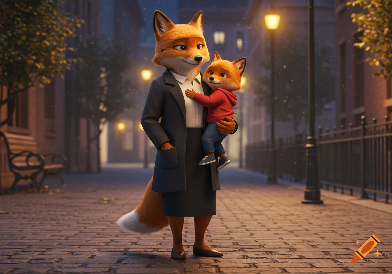 An animated anthropomorphic fox mother carries her son on a cobblestone street at dusk, lit by streetlights.