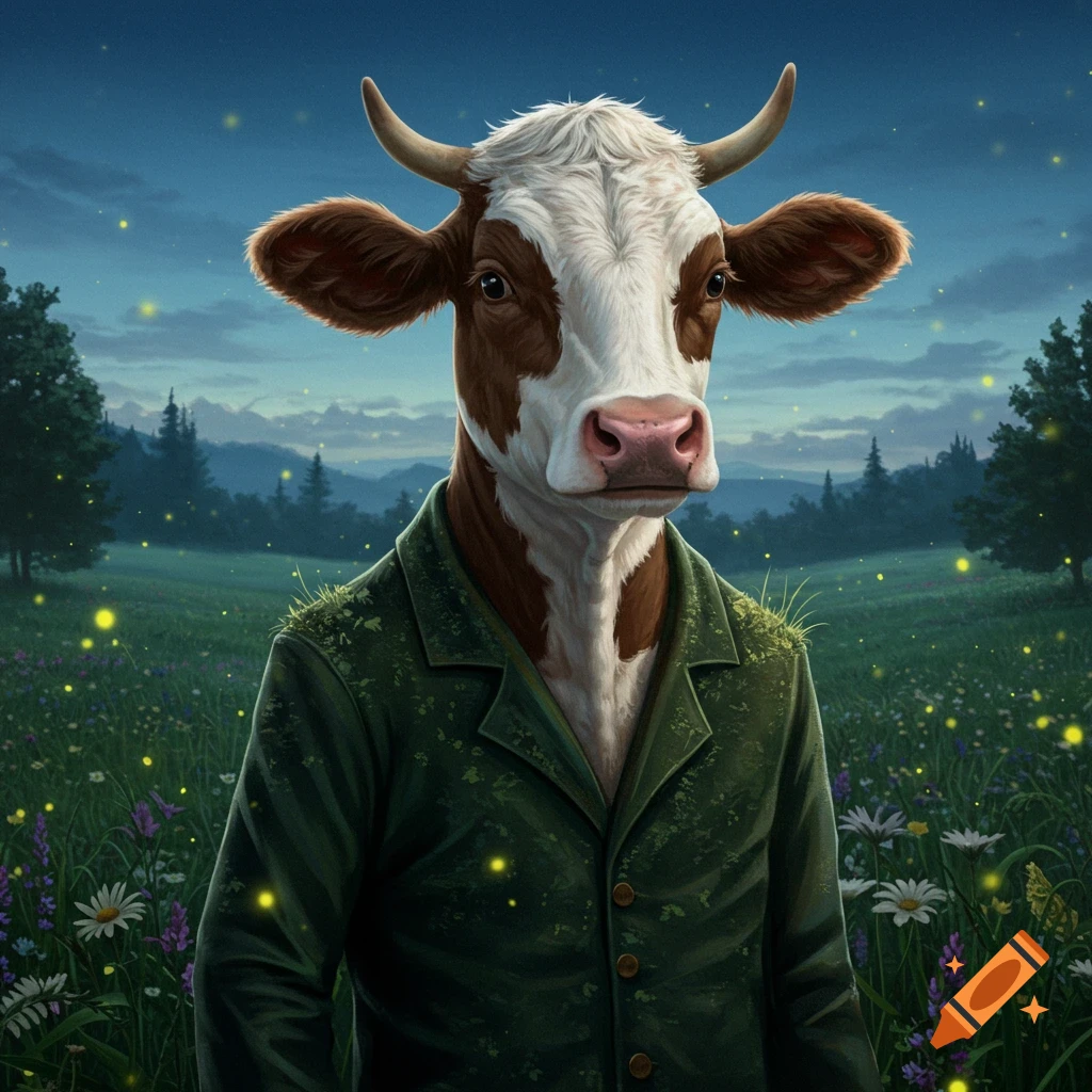 A bovine-headed man in a green jacket stands in a firefly-lit meadow at dusk.