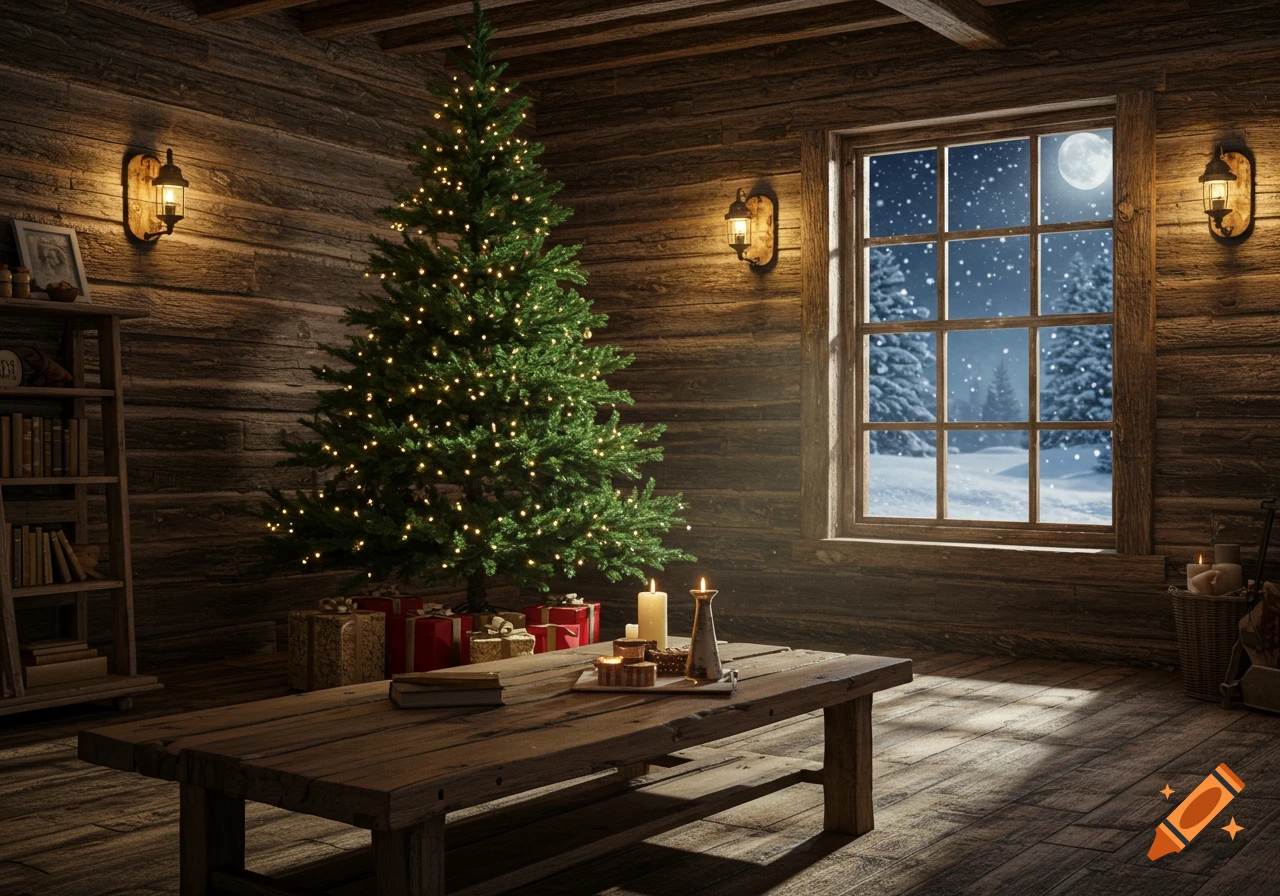 A rustic cabin living room with a Christmas tree, presents, and a window showing a snowy winter night with a full moon.