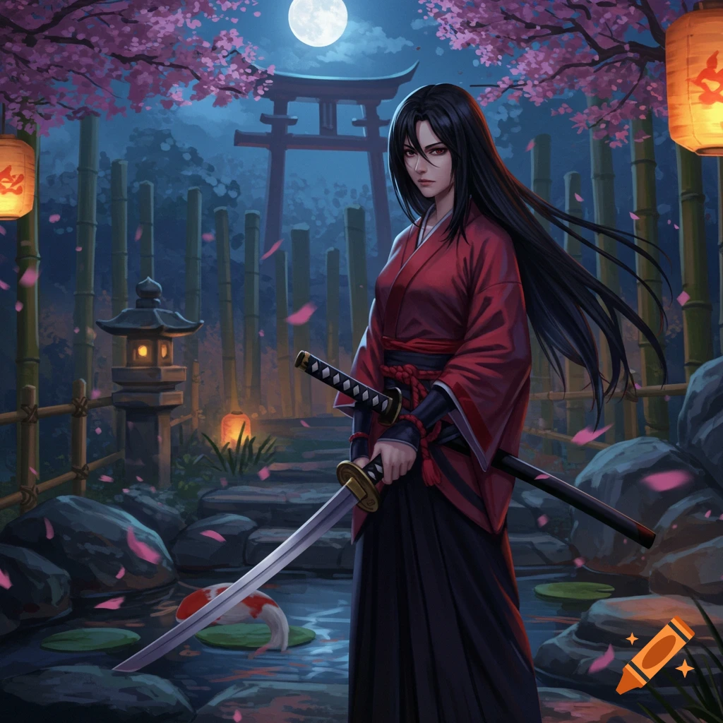 Anime-style woman in a red kimono holding a katana in a moonlit Japanese garden with cherry blossoms, koi pond, and torii gate.