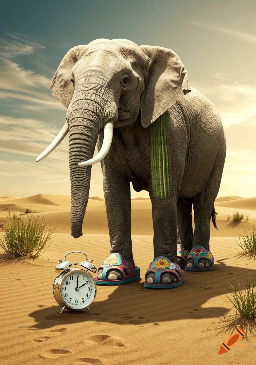 A photorealistic elephant with cactus-like skin wearing colorful sandals stands in a desert with an alarm clock on the sand.