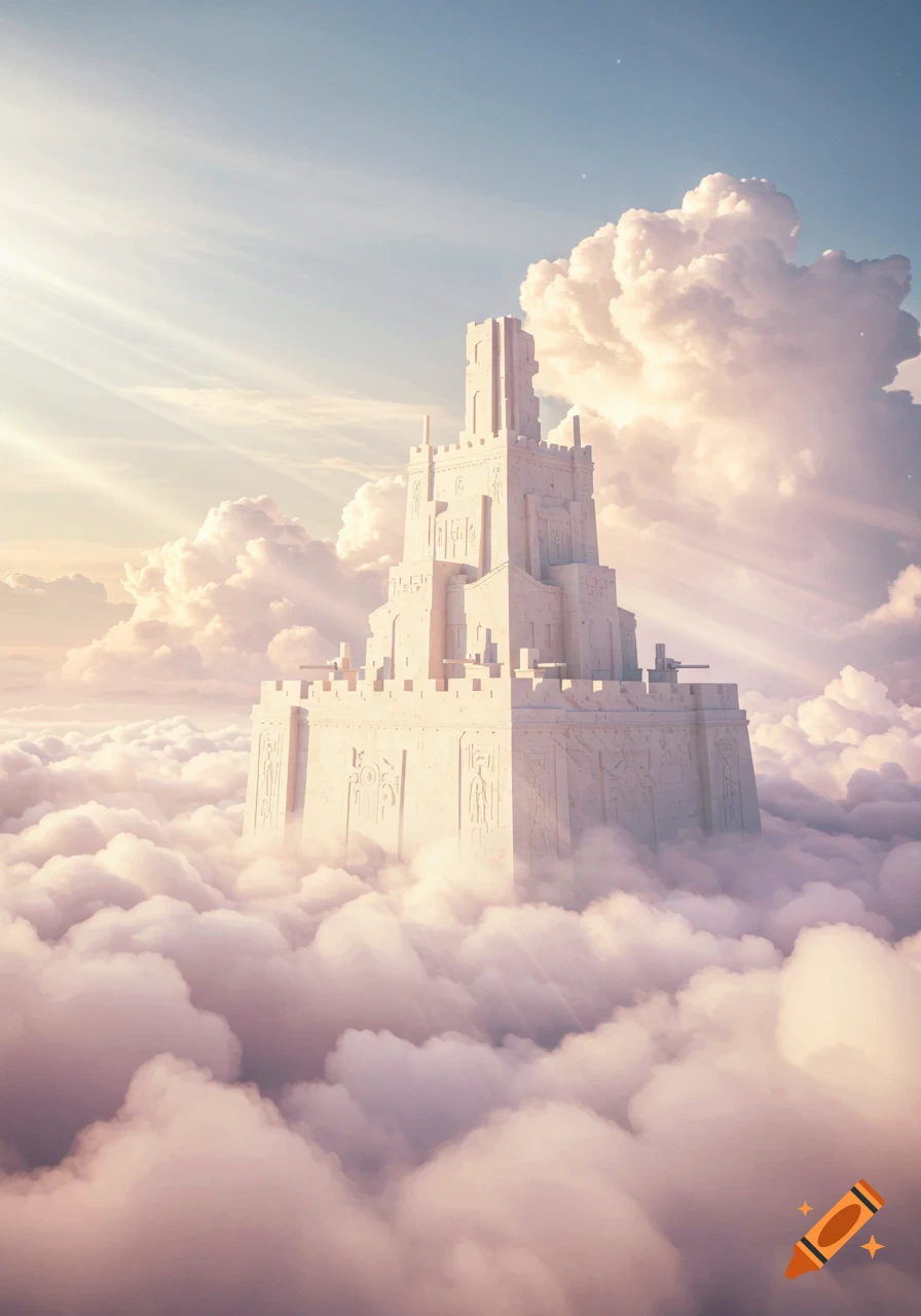A majestic white alabaster bastion rises from fluffy clouds into a bright, ethereal sky with sun rays.
