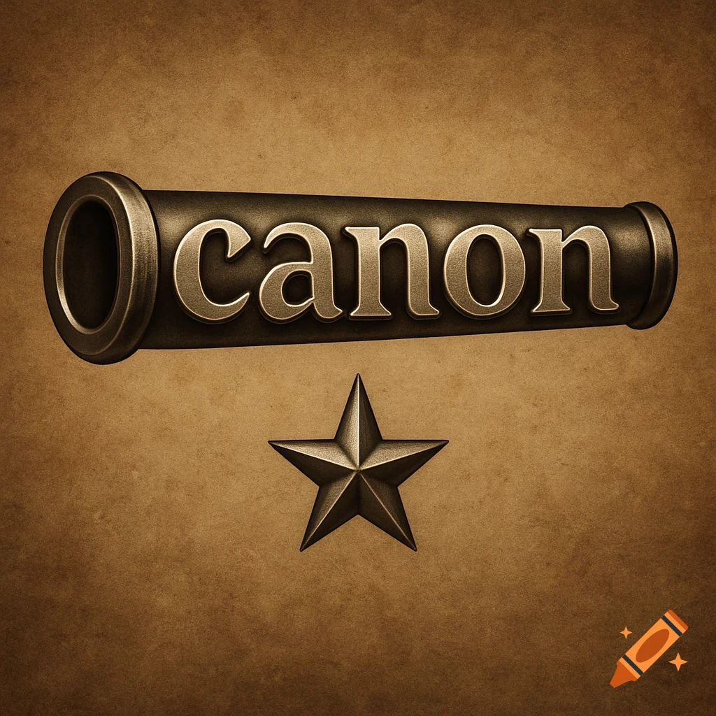 A stylized, antique brass-colored cannon barrel with the word "canon" embossed on it, above a matching five-pointed star, all against a textured brown background.