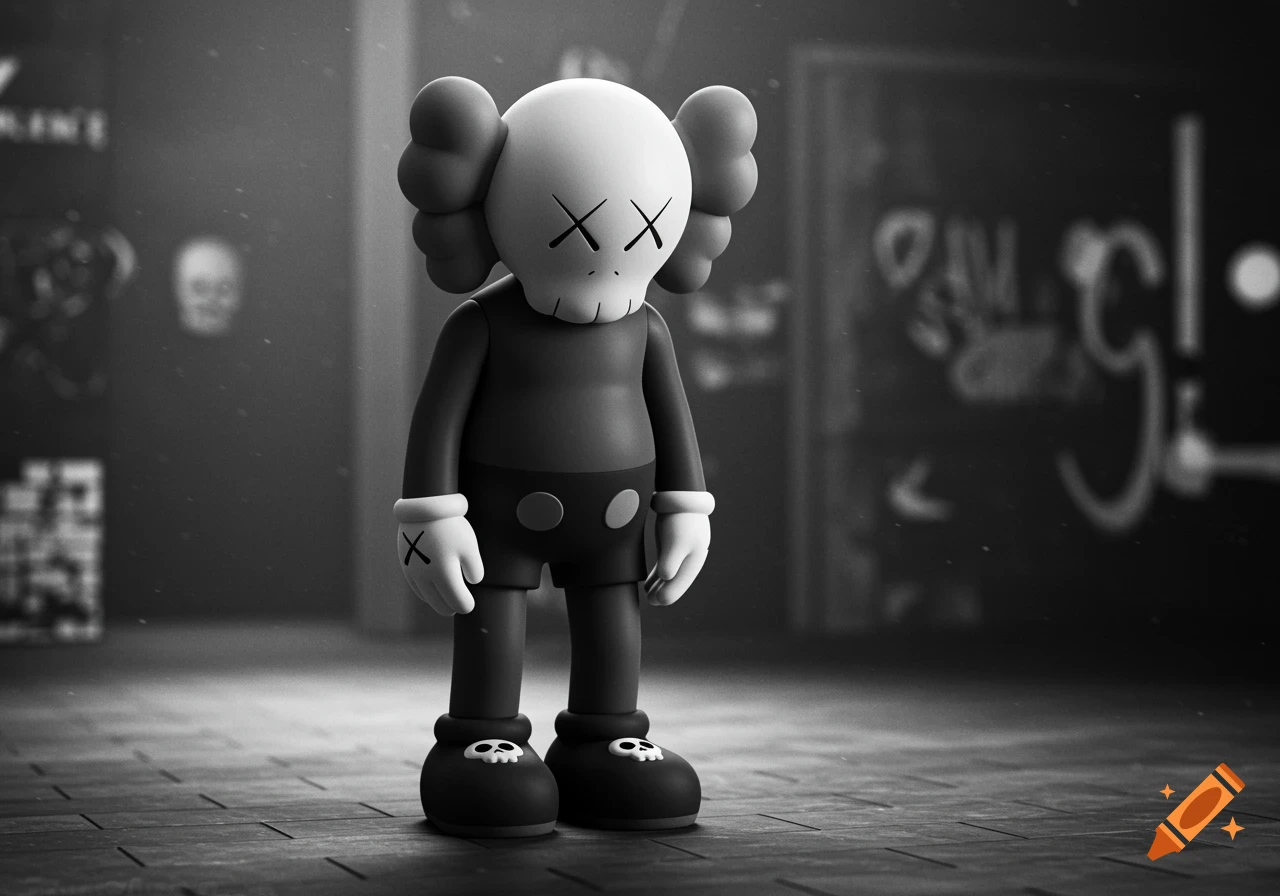 A black and white 3D render of a Kaws Companion figure with X-eyes, in a dark, gritty environment with blurry background graffiti.