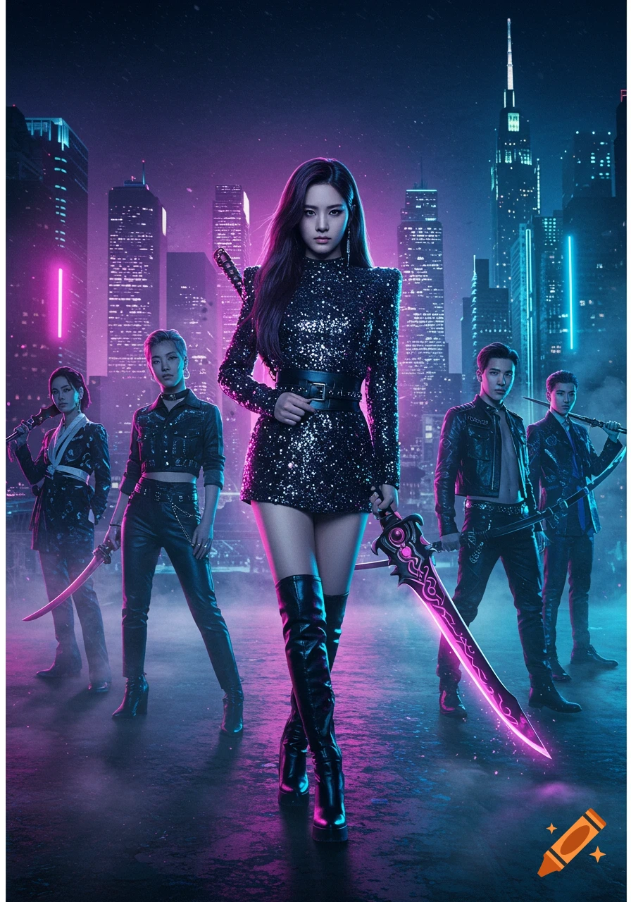 Five figures, including a woman in a sparkling dress and boots, with swords in a neon-lit cyberpunk city at night.