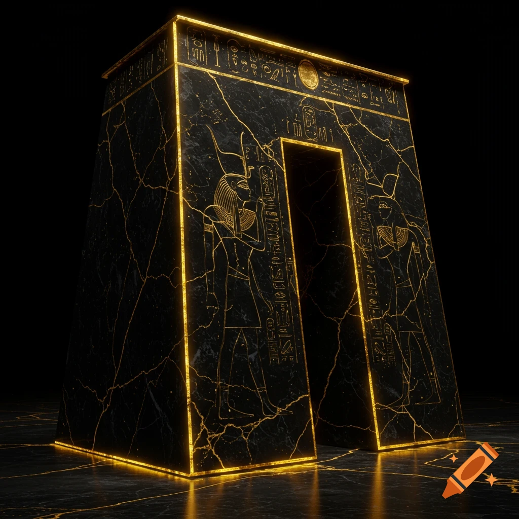 Stylized black marble ancient Egyptian tomb with glowing gold outlines, cracks, and hieroglyphs, on a reflective surface.