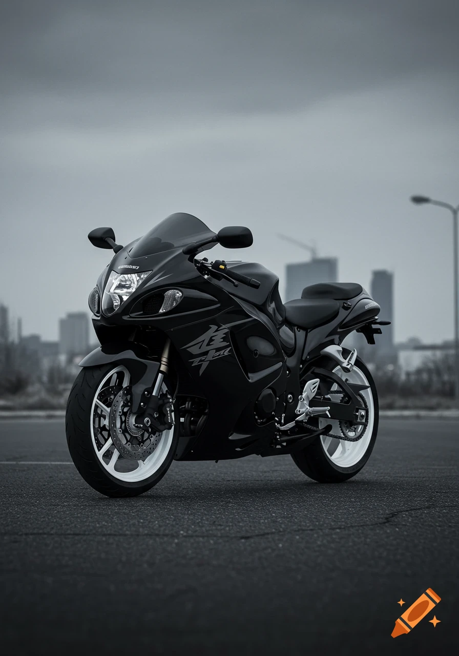 A black Suzuki Hayabusa motorcycle with white wheels on an asphalt road against a city skyline.