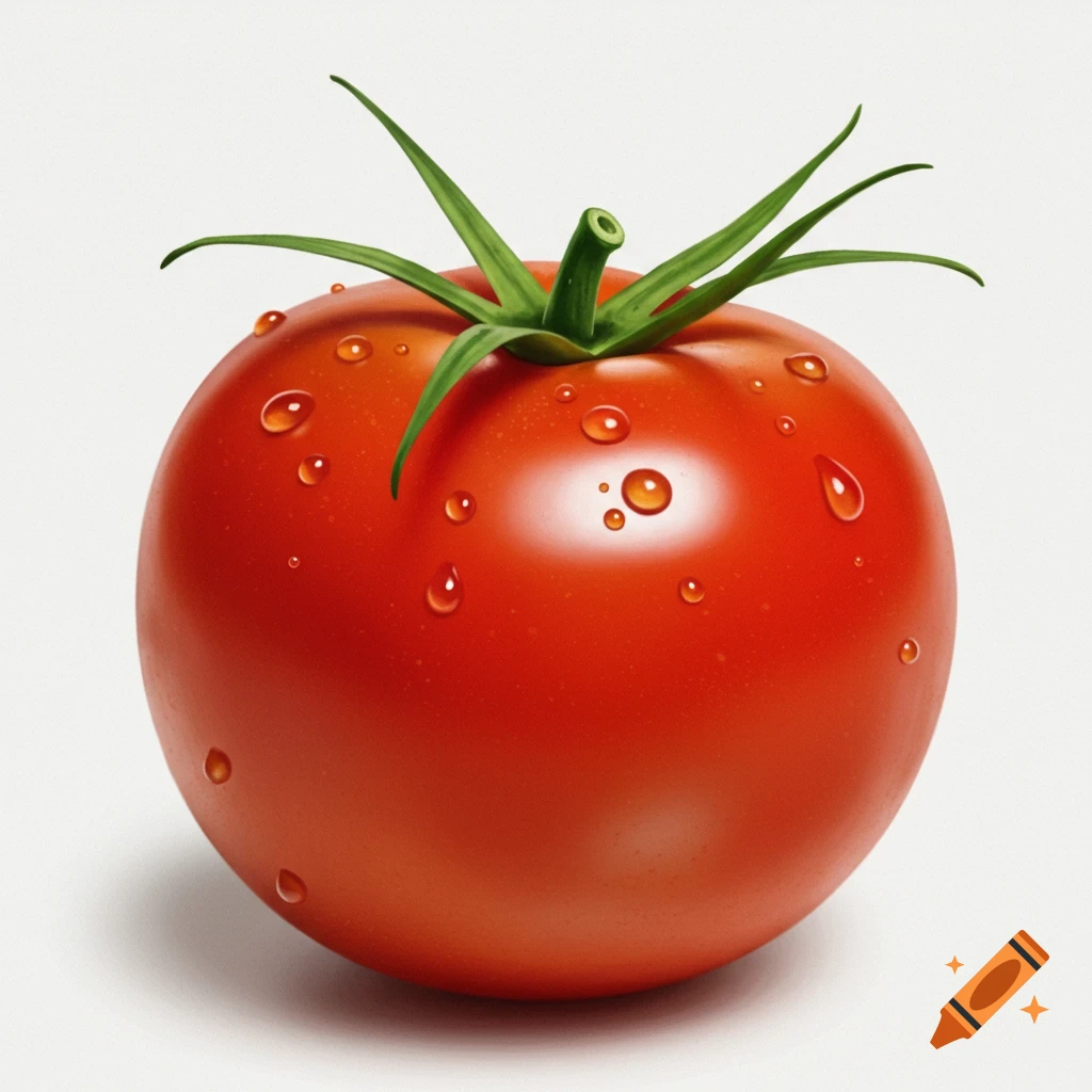 A photorealistic close-up of a red tomato with green leaves and water droplets on a white background.