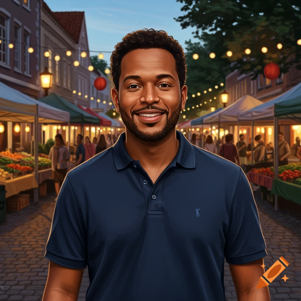 A smiling Black man in a dark blue polo shirt stands in a bustling outdoor market with lights, rendered in a realistic illustration style.