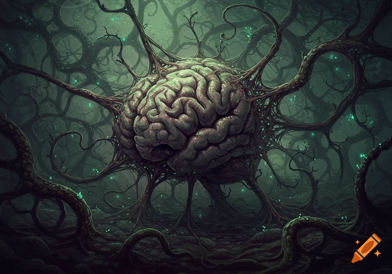 A grotesque brain-like mass with tangled roots and glowing turquoise lights in a dark, murky, stylized forest.