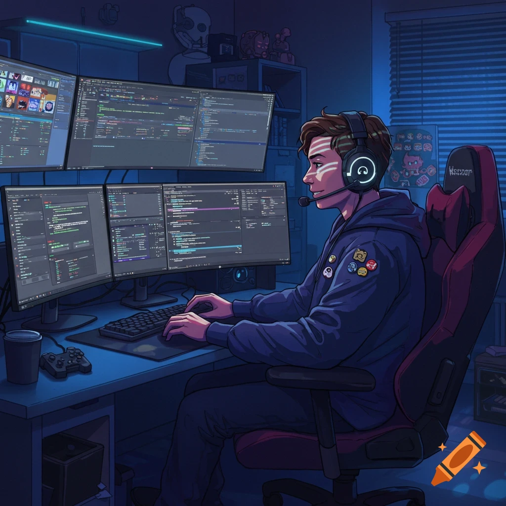 A young man with a headset sits at a desk with four glowing computer monitors, typing on a keyboard in a dark room, in a digital art style.