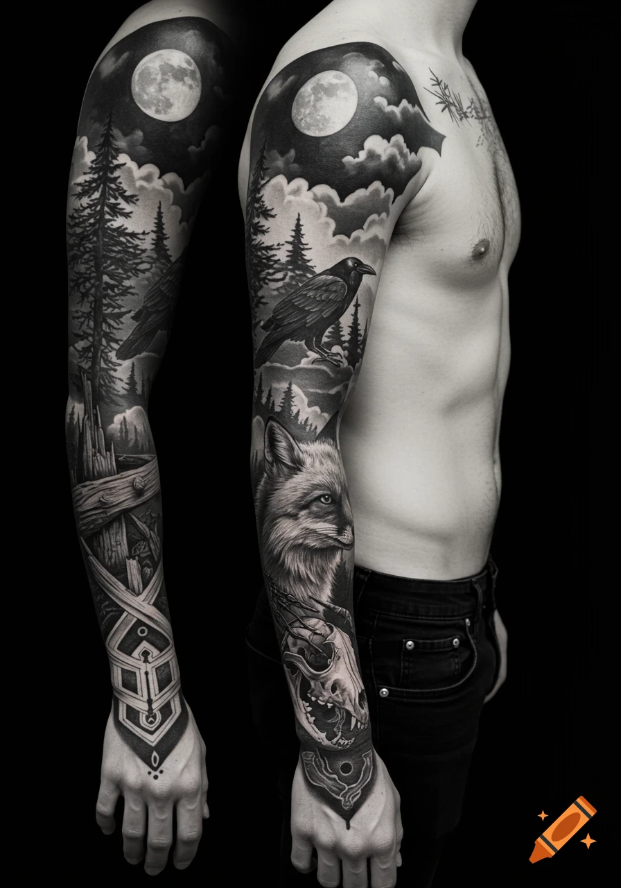 A detailed black and grey full sleeve tattoo on a person's arm, featuring a moon, clouds, pine trees, a raven, a fox, a fox skull, and abstract geometric patterns.