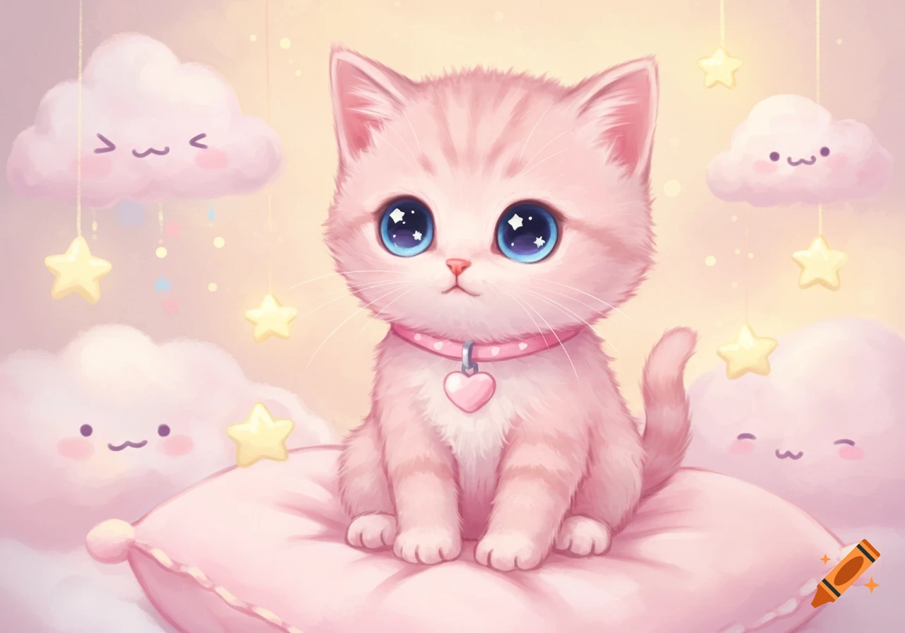 A cute orange tabby chibi cat with small wings sits on pastel