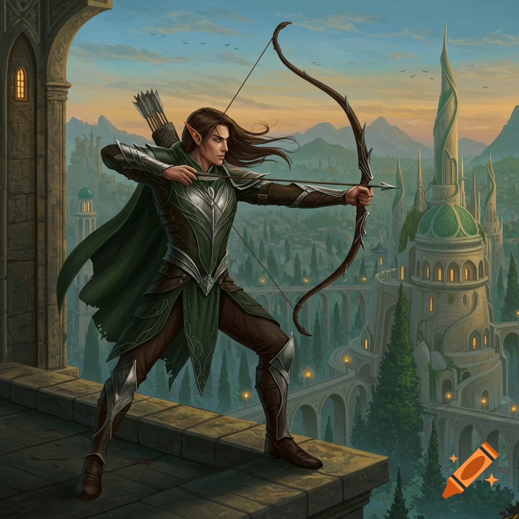 A male elf archer in green and silver armor draws his bow on a stone rampart overlooking an elven city at sunset.
