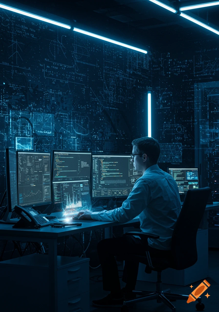 A man sits at a desk in a dark, futuristic room, looking at multiple computer monitors displaying code and graphs. Blue neon lights illuminate the room.