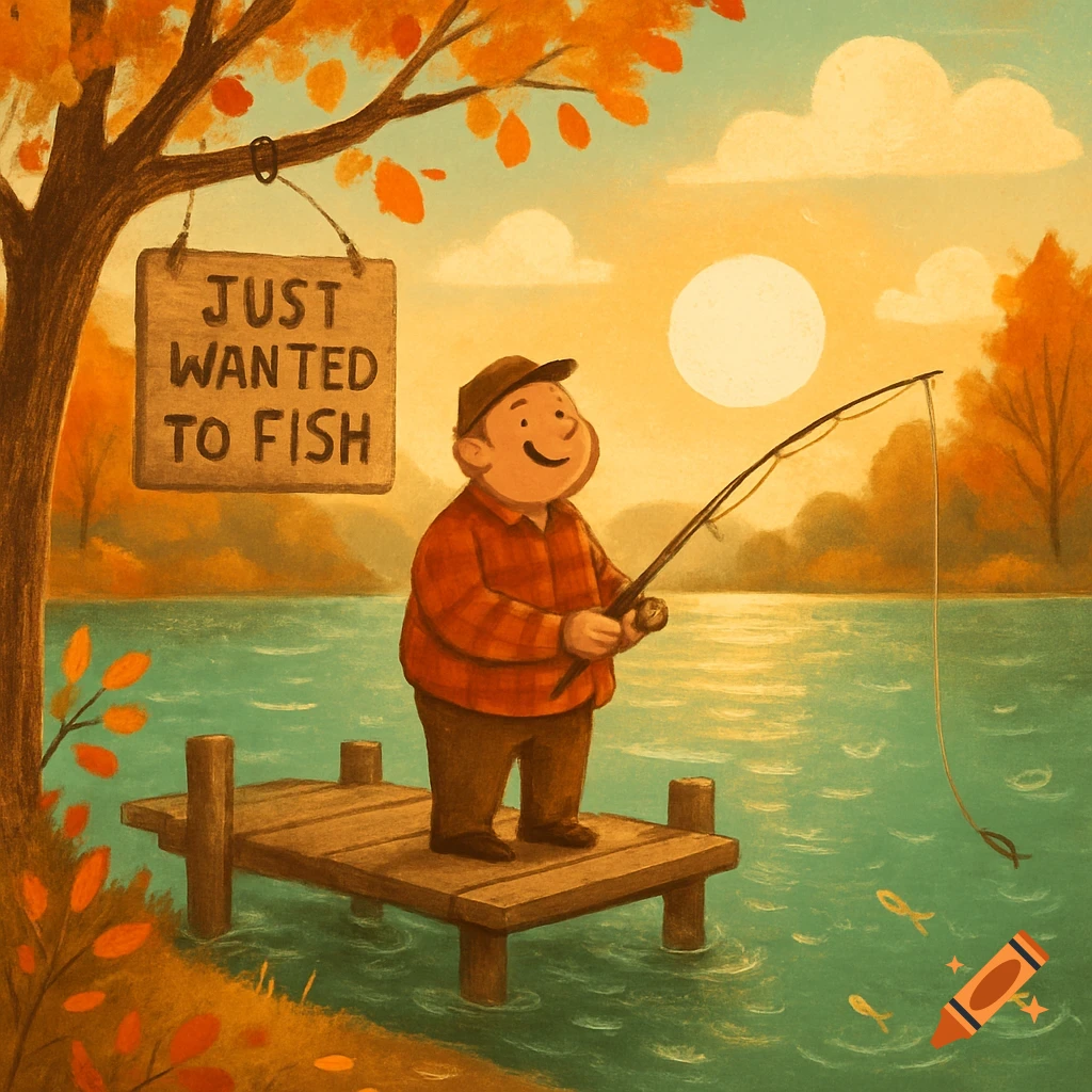 Cartoon man fishing from a pier at sunset with autumn trees, a sign says 'JUST WANTED TO FISH'.