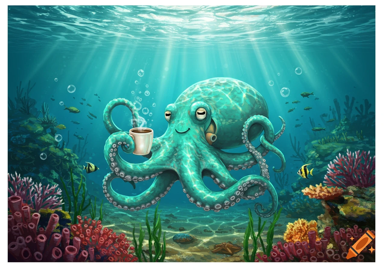 A smiling teal octopus holds a steaming coffee mug while floating in clear blue underwater sunlight, surrounded by colorful coral and fish.