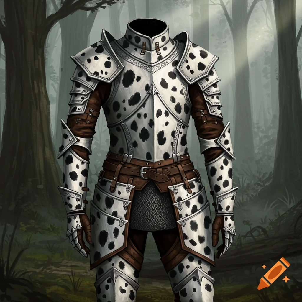 A suit of dalmatian-spotted fantasy armor with brown leather accents stands in a dark forest.