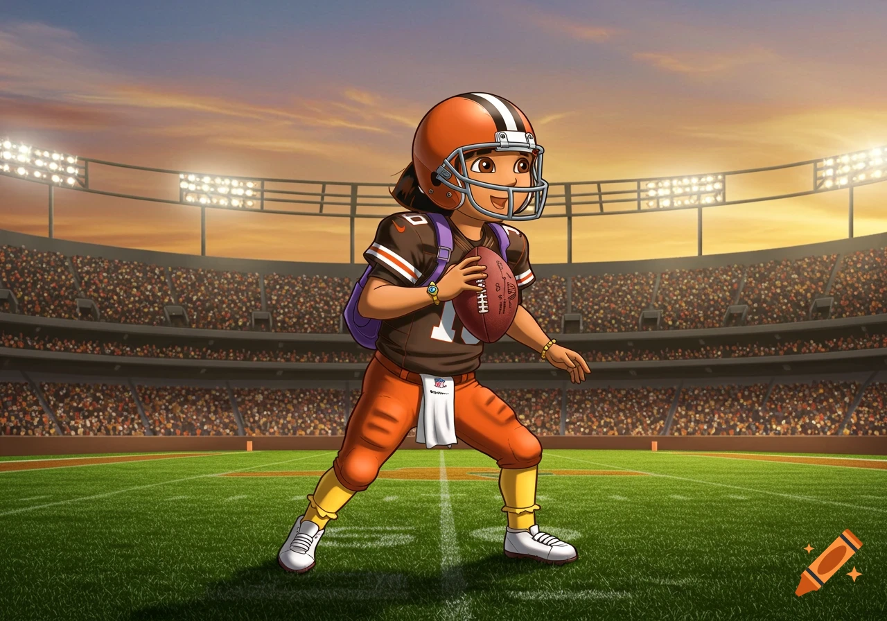 Dora the Explorer in a Cleveland Browns football uniform holding a football in a stadium at sunset.