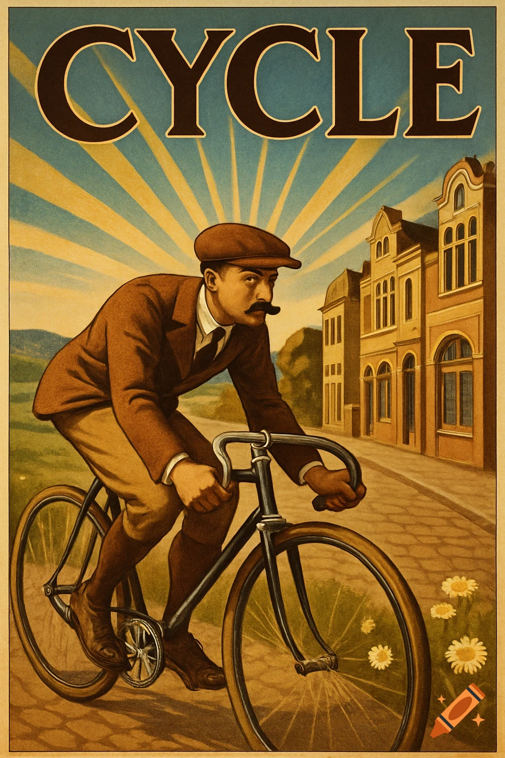 A vintage-style poster illustration of a man with a mustache riding a bicycle on a cobblestone street, with buildings in the background and sun rays in the sky, featuring the word "CYCLE" at the top.