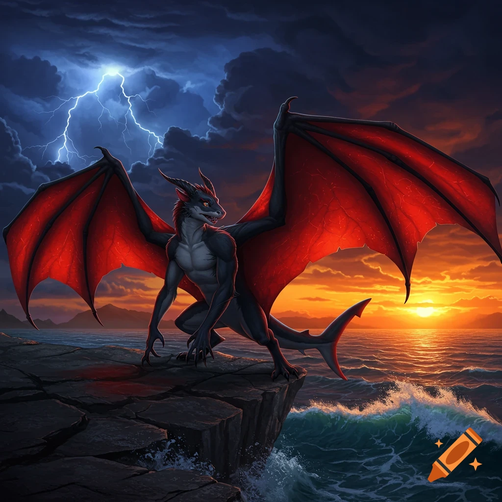 A dark dragon-like creature with large red bat wings and a shark-like tail stands on a rocky cliff overlooking a stormy ocean at sunset.
