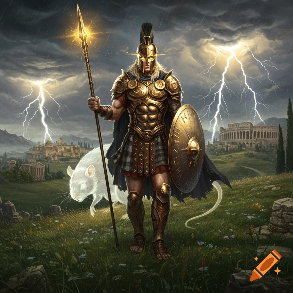 An armored Greek/Roman warrior with a glowing spear and shield stands on a grassy hill beside a giant white rat, with a stormy sky and ancient city in the background.