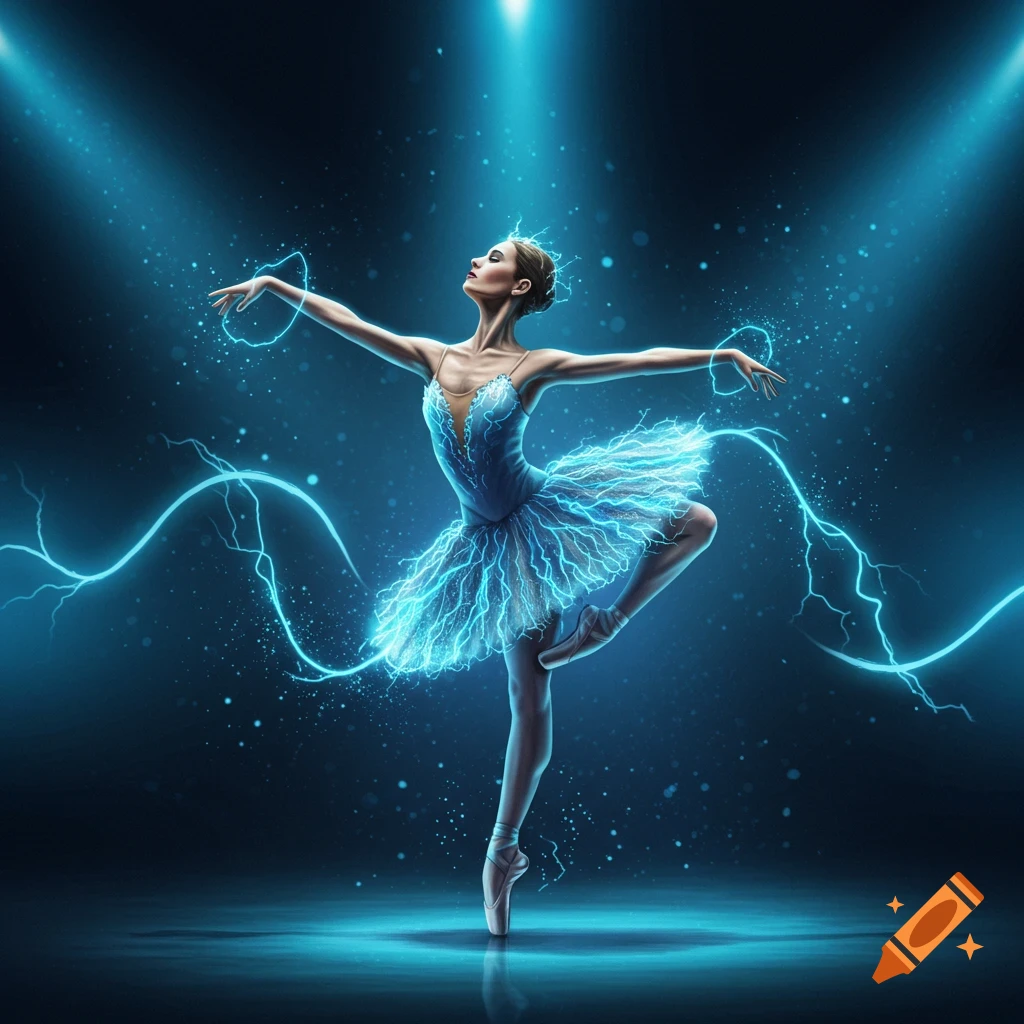 A ballerina in a glowing blue lightning tutu dances en pointe on a stage under spotlights.
