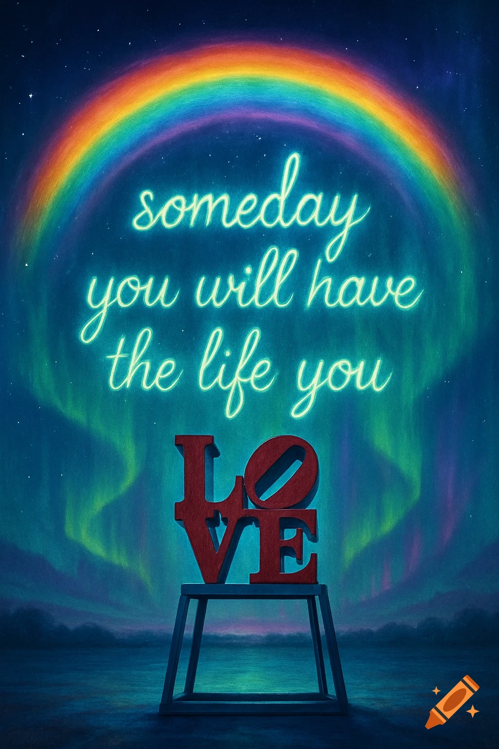 Neon text 'someday you will have the life you' glows under a bright rainbow and aurora borealis above the red LOVE sculpture at night.
