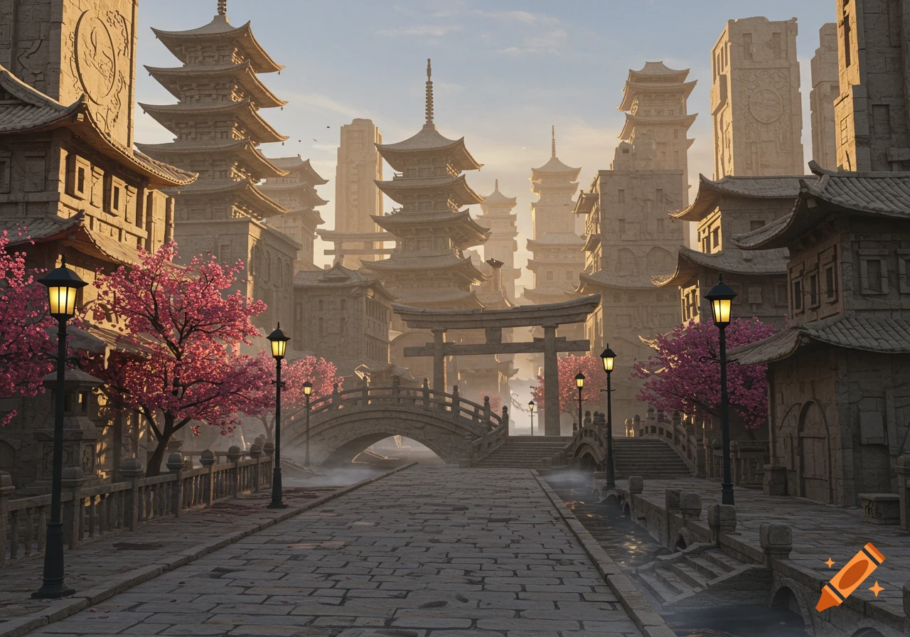 A stone Japanese city with pagodas, a torii gate, and bridges, lined with pink cherry blossom trees under a bright sky.