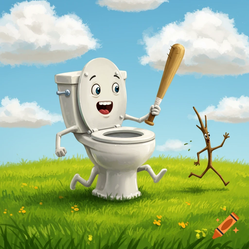 A whimsical cartoon toilet with a bat chases a stick figure across a green field under a blue sky.
