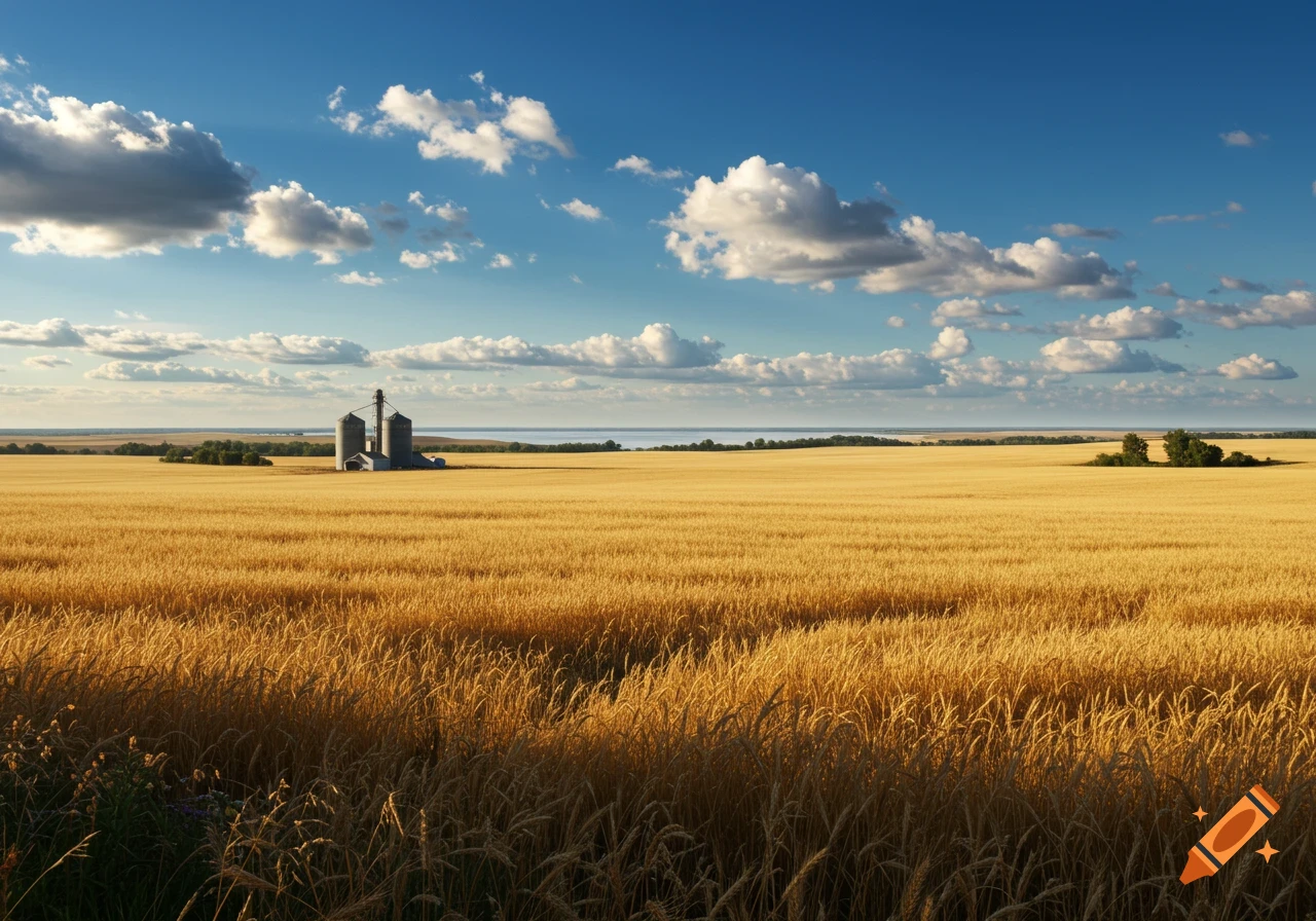 A vast golden wheat field under a blue sky with clouds, with two grain silos and a distant lake.