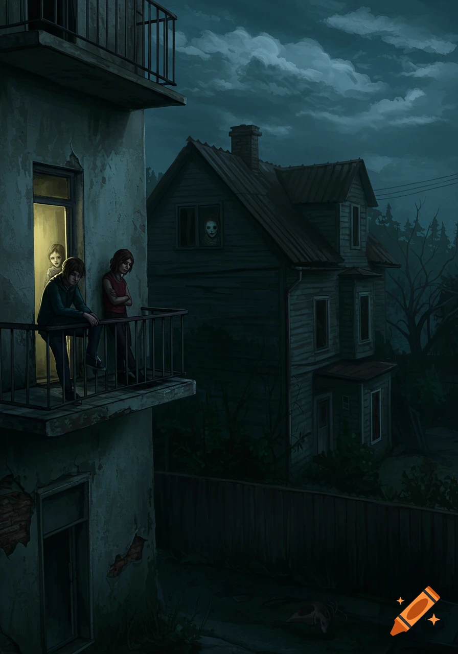 Eerie illustration of two figures on a dark balcony, looking across at a haunted house with a distorted face in the window.