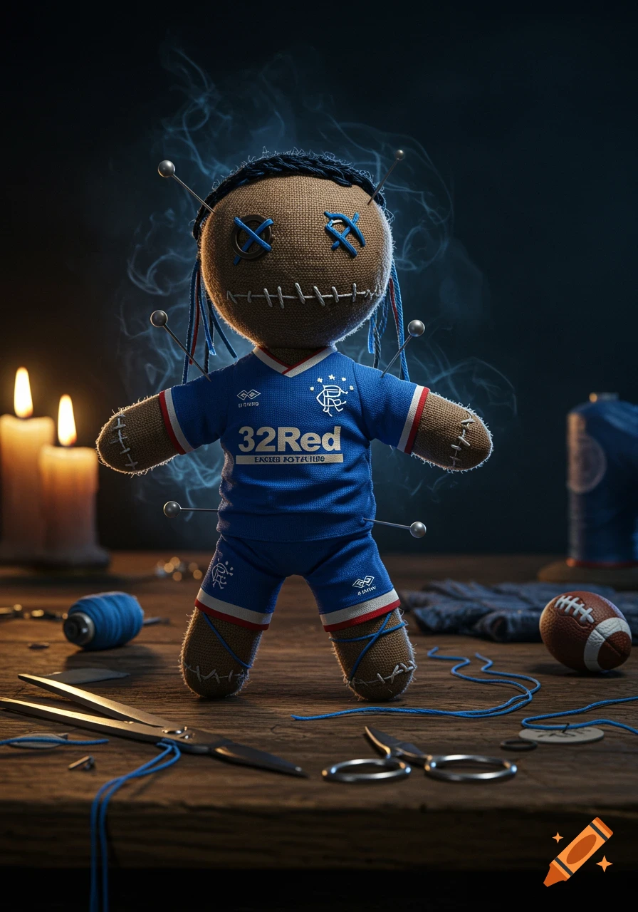 A photorealistic voodoo doll wearing a blue Glasgow Rangers football kit with pins, on a wooden table with candles and smoke.