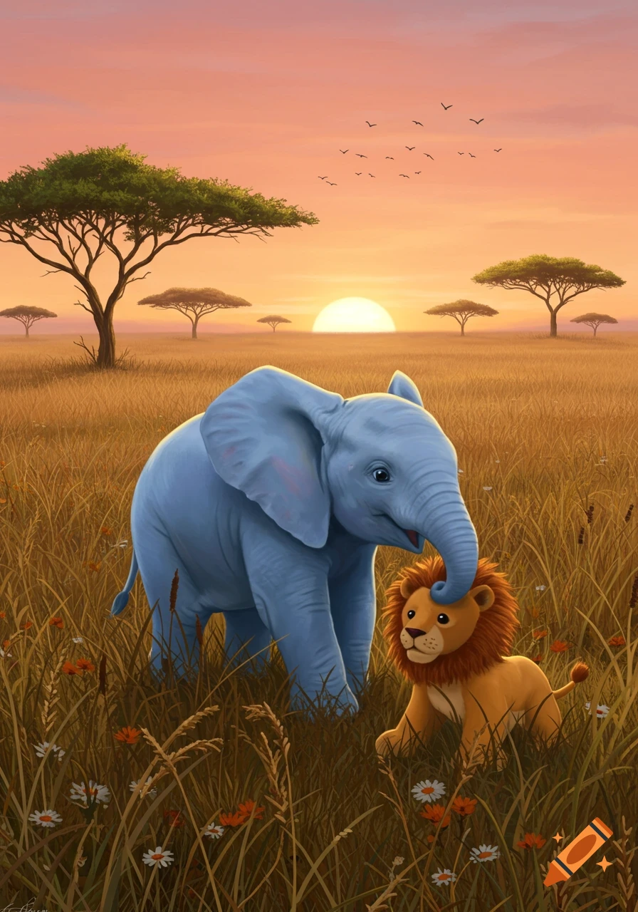 A cute blue baby elephant gently touches a lion cub's head with its trunk in a golden savanna at sunset.