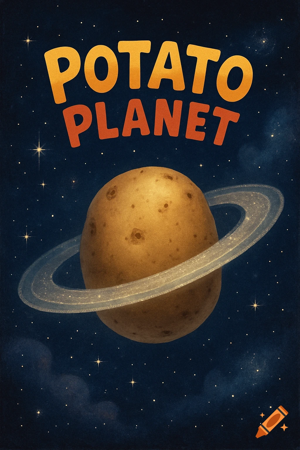 Vintage-style illustration of a potato planet with rings, like Saturn, against a starry sky. Text reads 'POTATO PLANET'.