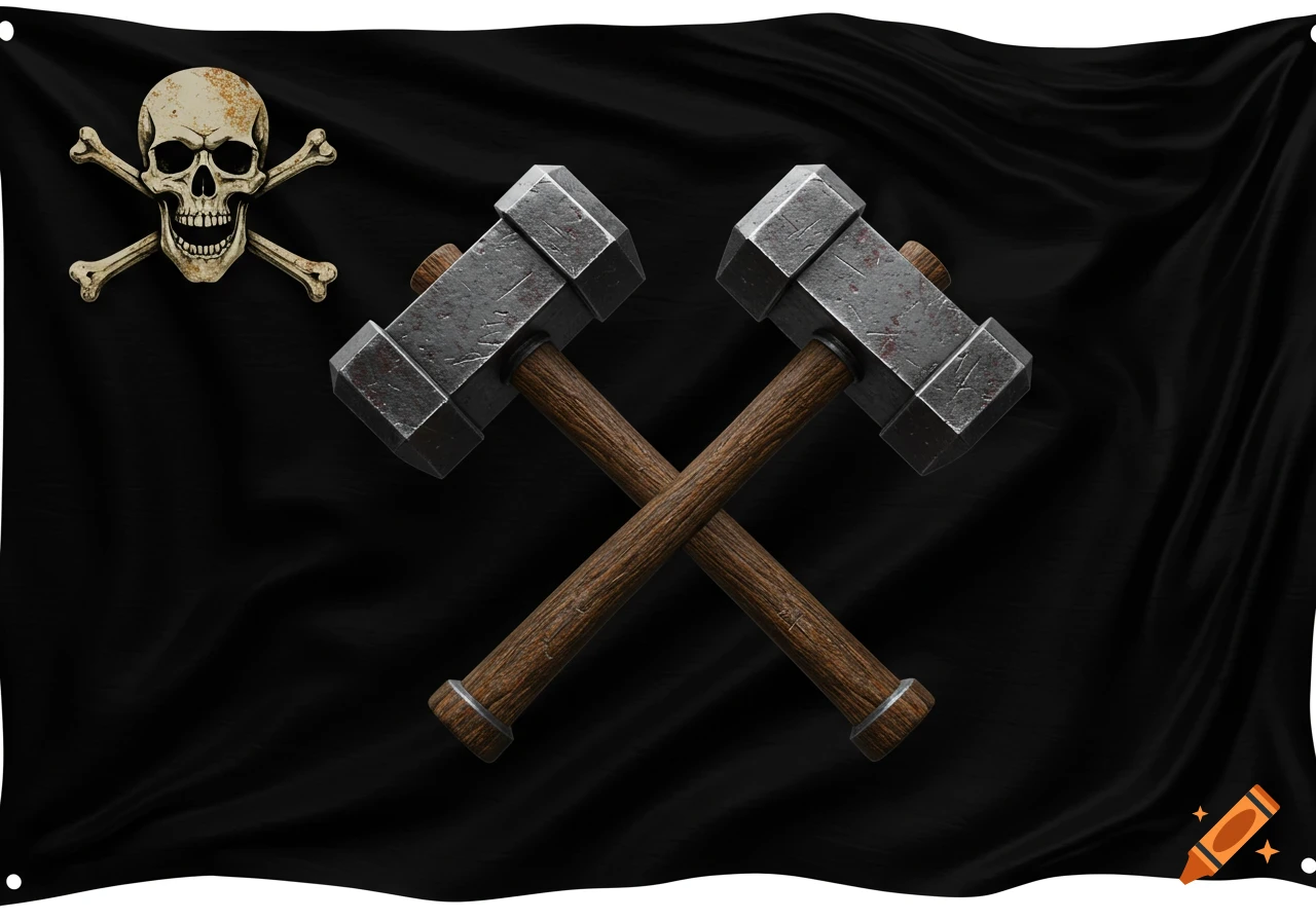 A black flag with a skull and crossbones in the top left corner and two metal hammers with wooden handles crossed in the center.