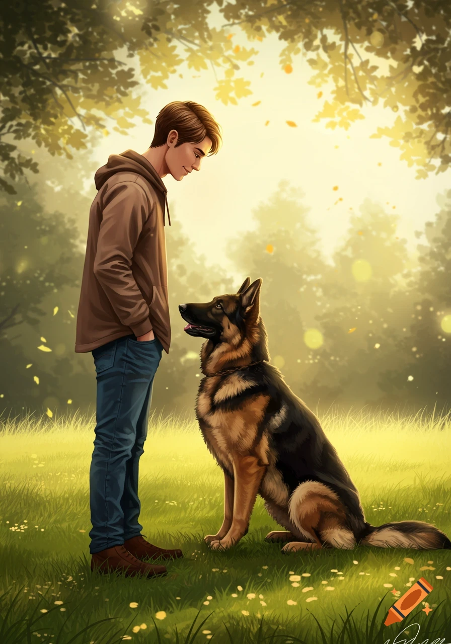 A man in a brown hoodie and jeans stands in a sunlit grassy field, looking down at a sitting German Shepherd, in a digital art style.