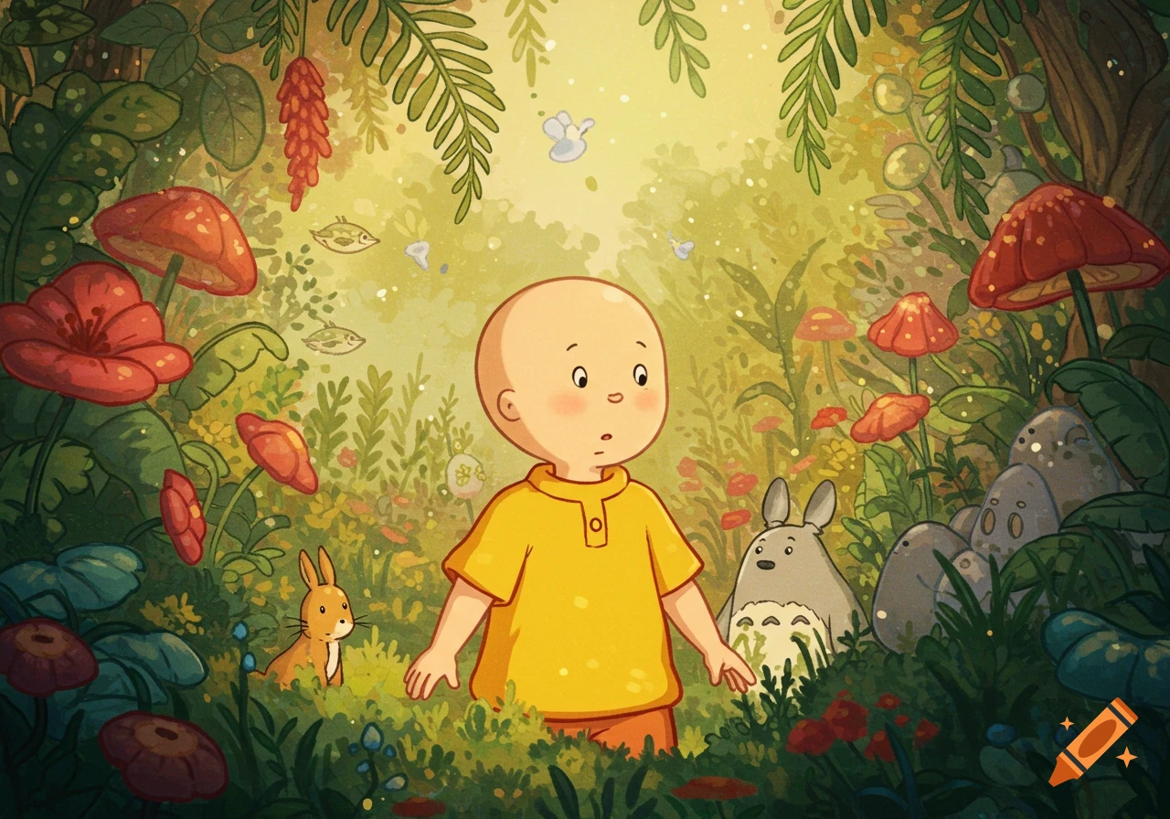 Caillou, a bald boy in a yellow shirt, stands in a vibrant Ghibli-style forest surrounded by red flowers, mushrooms, a rabbit, and a Totoro.