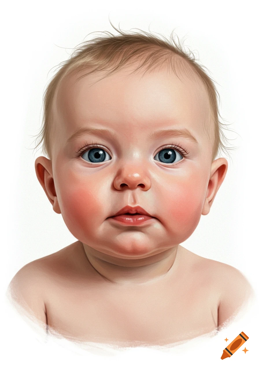 A close-up portrait of a baby with blue eyes and light hair against a white background.