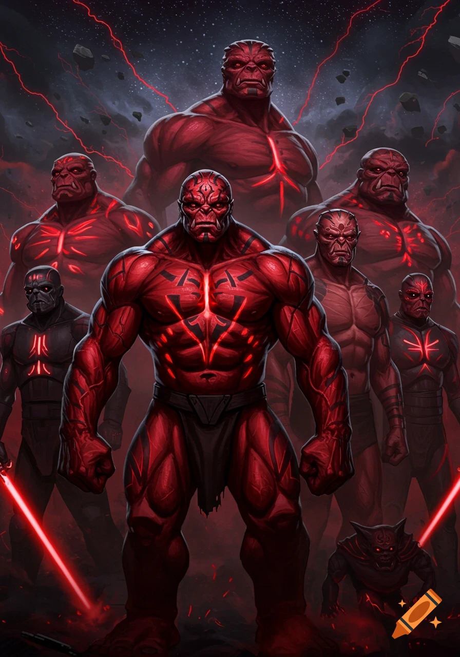A group of muscular, red-skinned humanoid figures with glowing red markings and some holding red lightsabers, in a dark, stormy space environment.